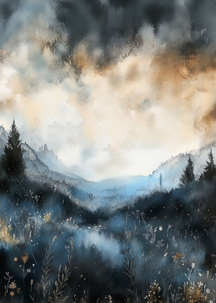 Misty mountains watercolor painting