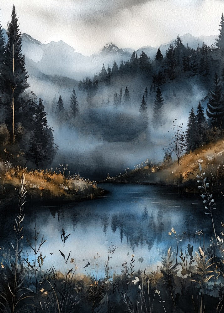 Peaceful lake watercolor painting