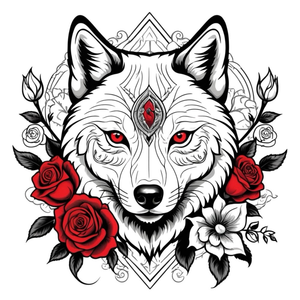 Elegant Wolf Tattoo Design with Roses and Tribal Elements