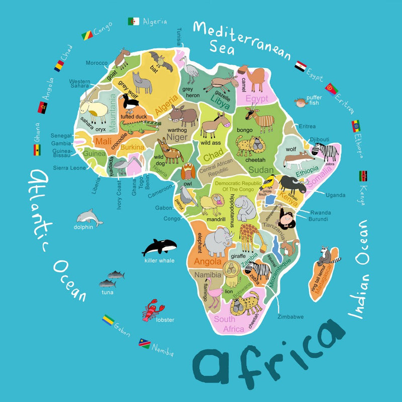 Illustrated Map of Africa with Countries and Cute Animals by Carla Daly