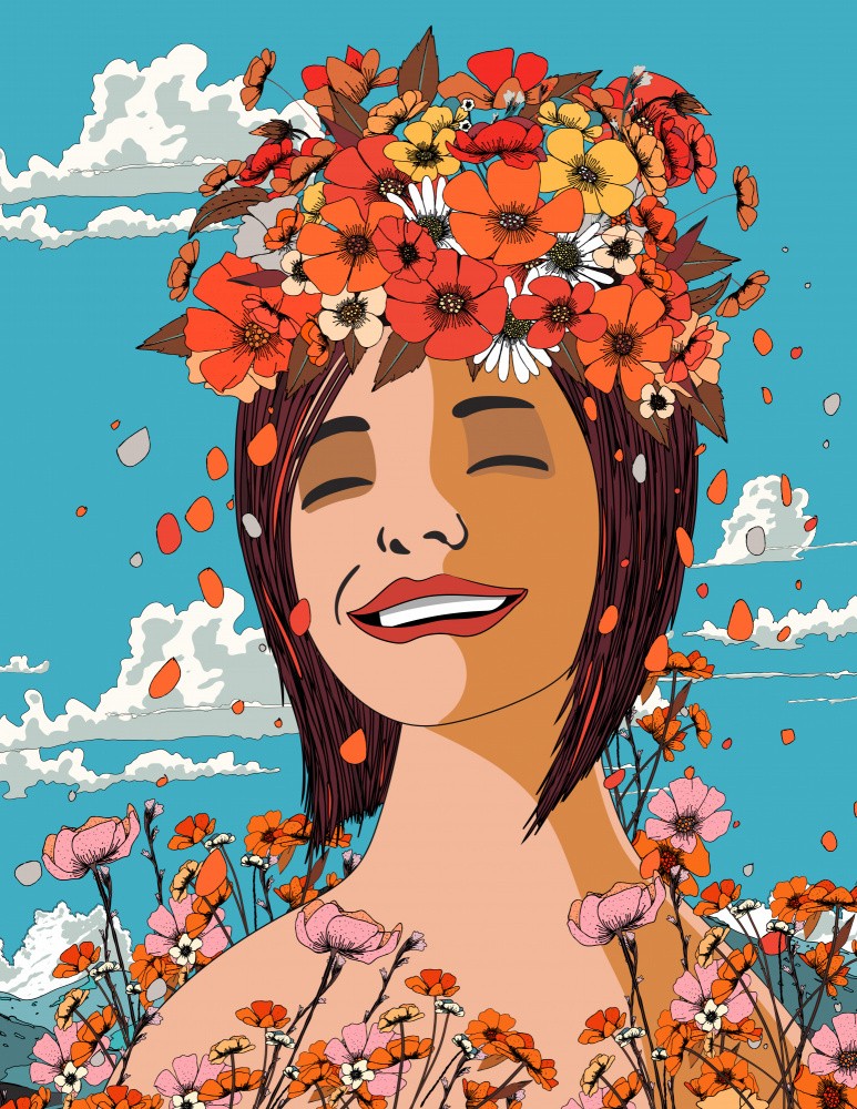 Crown Of Flowers Smiling Woman