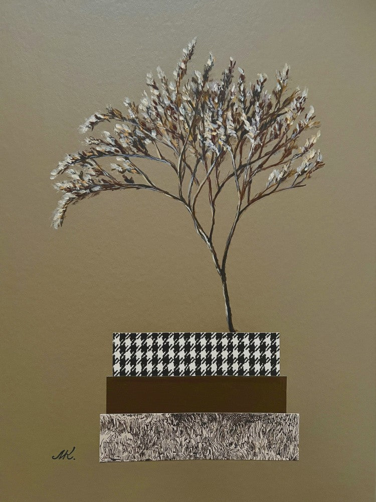 Harmony of Lines - White Branch Painting – Minimalist Botanical Art with Graphic Blocks for Modern Home or Office