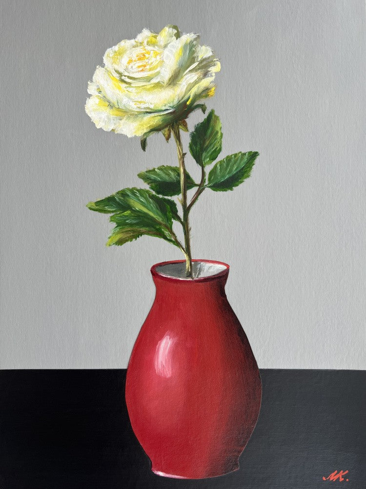 White Rose in a red Vase - White Rose Painting – Elegant Floral Artwork in Red Vase for Home, Office or Gift Interior -013