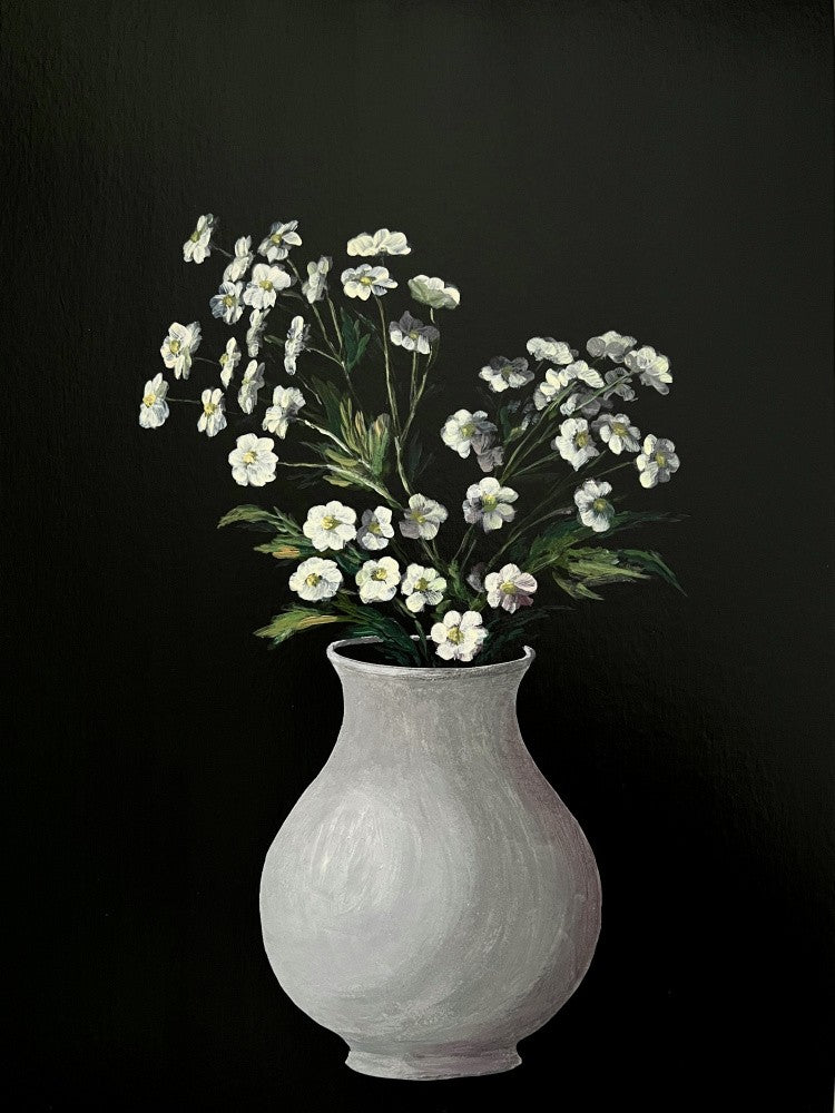 White Flower Painting – Monochrome Botanical Art in White Vase for Home, Office or Gift - 010