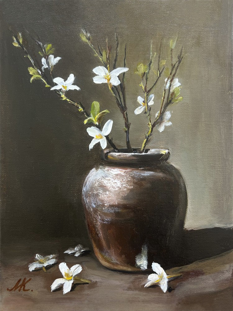 White Flower Branch Painting – Elegant Botanical Art in Brown Ceramic Vase for Home, Office or Gift InteriorFlowers - 006
