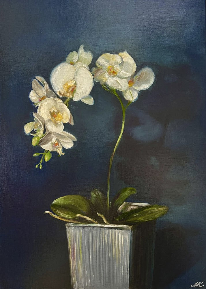 White Orchid Painting – Elegant Botanical Art in Ribbed Pot for Home, Office or Gift Interior - Flowers 005