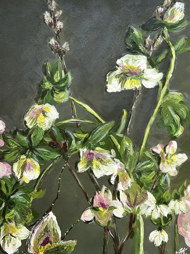 White and Pink Floral Painting – Impressionistic Botanical Art on Dark Background for Home, Office or Gift Interior - Flowers 001