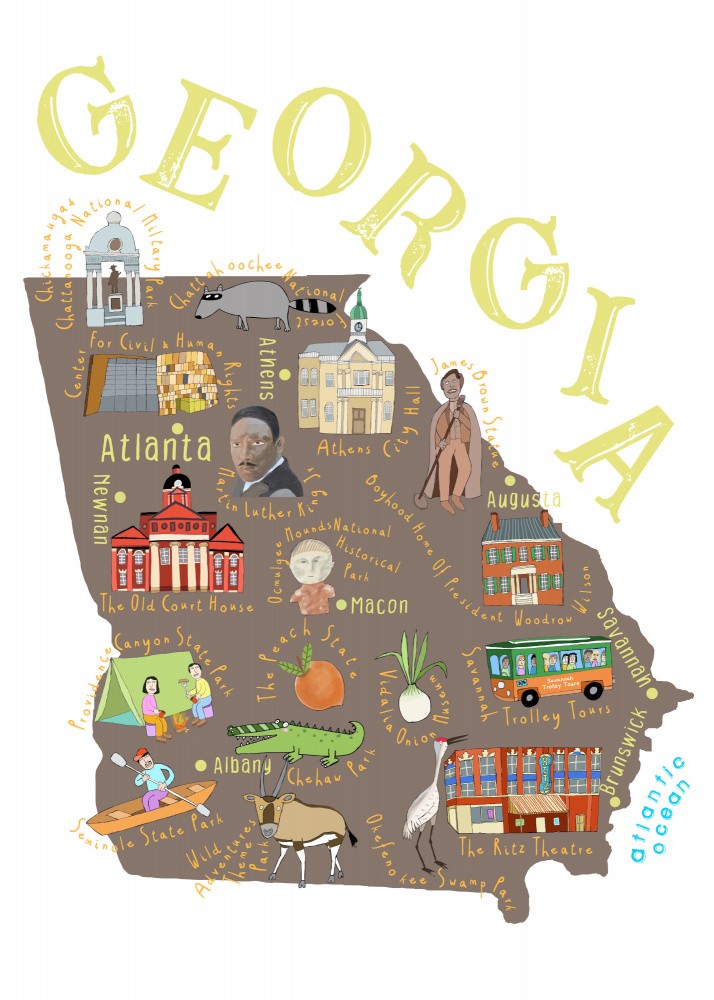 Illustrated Map of Georgia State by Artist Carla Daly
