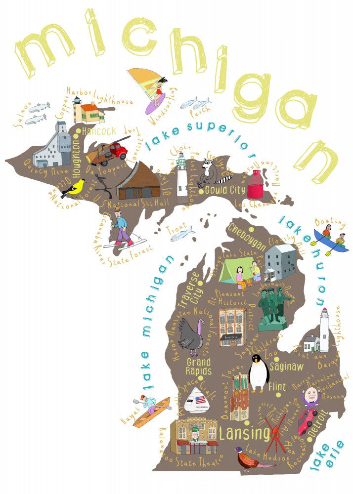 Illustrated Map of Michigan, USA by Artist Carla Daly