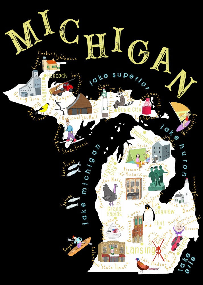 Illustrated Map of Michigan, USA by Artist Carla Daly