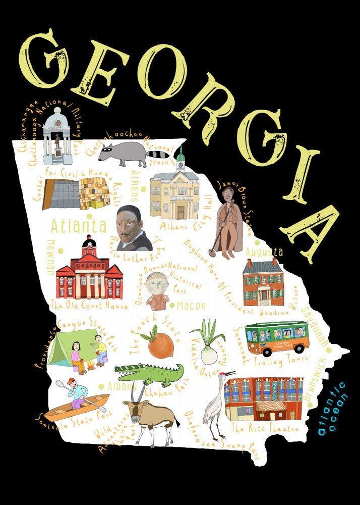 Illustrated Map of Georgia State by Artist Carla Daly