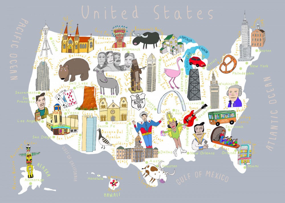 Illustrated Map of the USA by Artist Carla Daly