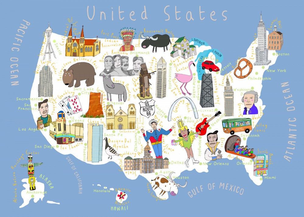 Illustrated Map of the USA by Artist Carla Daly