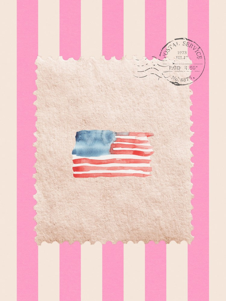 Coastal Flag Vintage Postage Stamp on Hot Pink Stripes