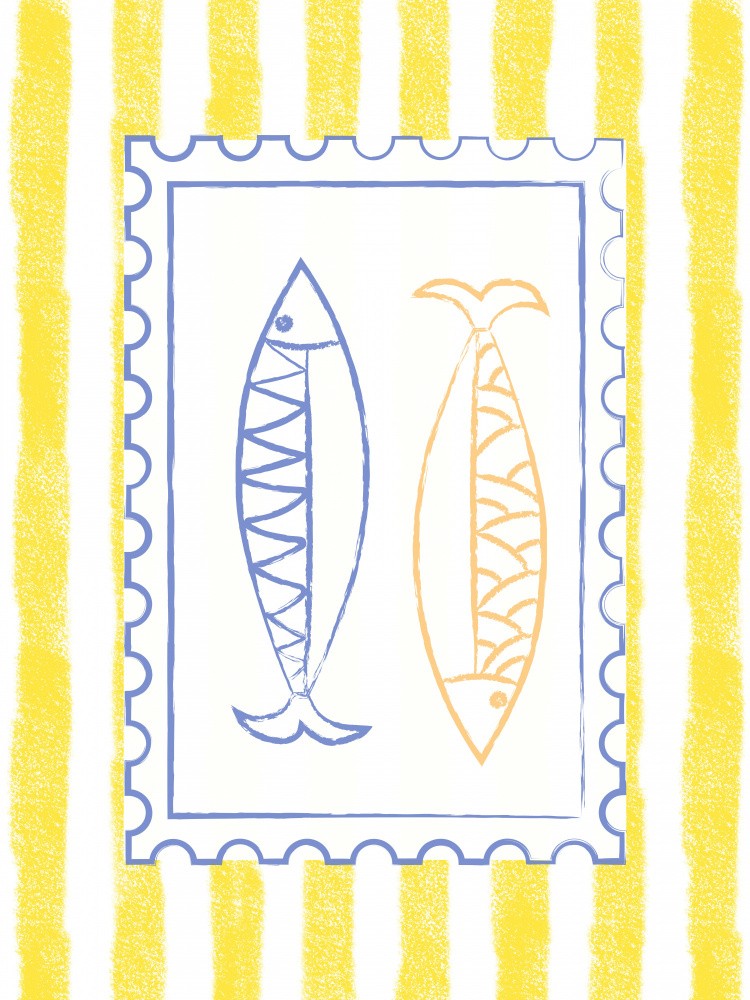 Blue and Yellow Fish Stamp on Yellow Stripes