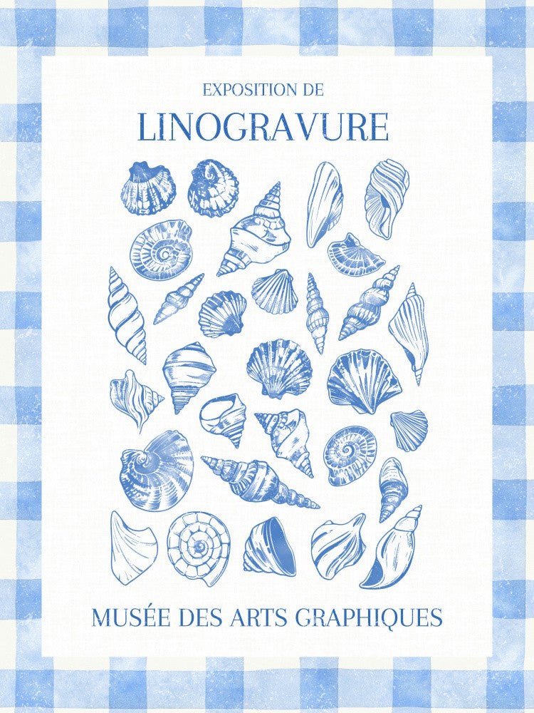 Lino Cut Blue Seashells on Blue Checks