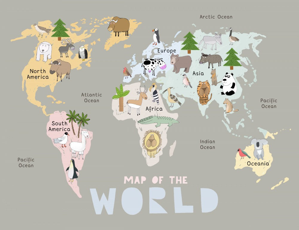 Map of the World with Cute Animals