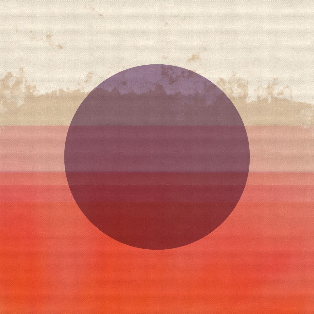 Abstrakte Landschaft. Sonnenuntergang in Neon-Koralle, dunklem Lila, Beige und Blau