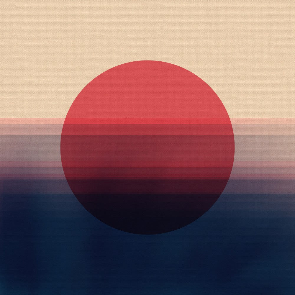 Minimalist landscape with sun shape in red and navy