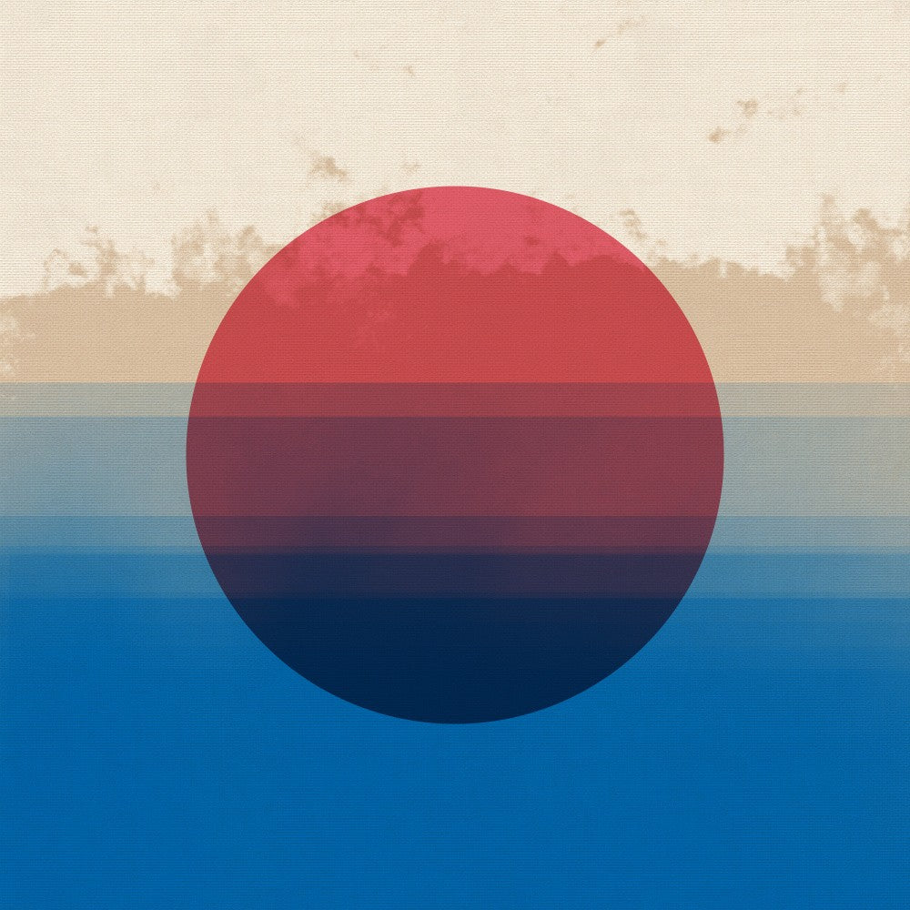 Minimalist abstract sun and sky in muted tones. Red, blue, beige, white