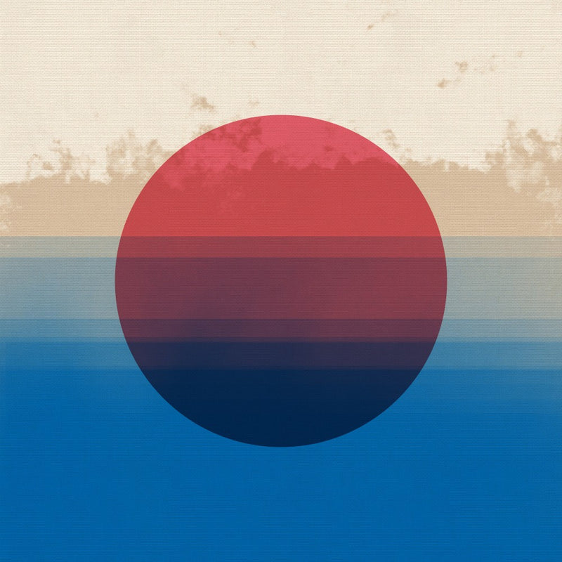 Minimalist abstract sun and sky in muted tones. Red, blue, beige, white