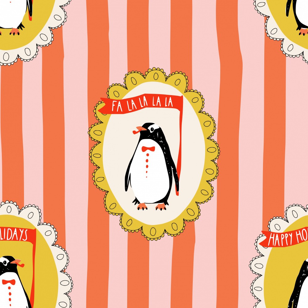 Framed festive penguins portrait Merry Christmas coral red pattern