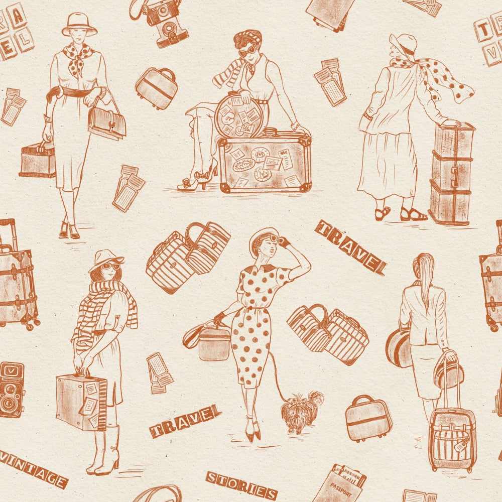 Vintage Ladies Traveling - Vintage Travel Stories - Terracotta - Pattern