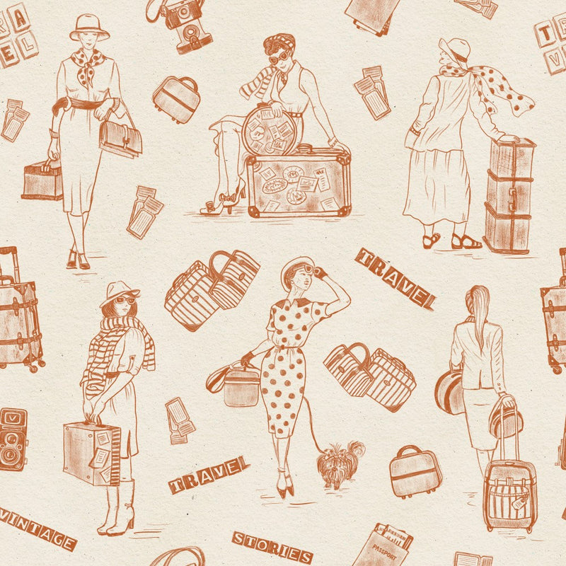 Vintage Ladies Traveling - Vintage Travel Stories - Terracotta - Pattern