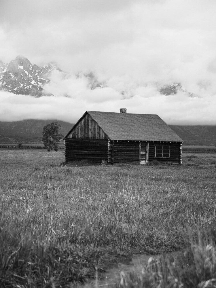 Cabane de Mormon Row en noir et blanc
