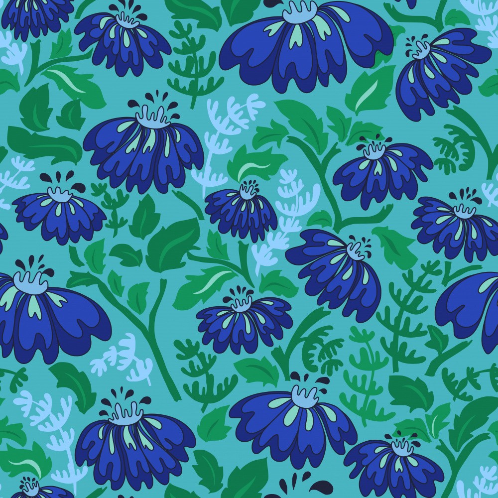 Maximalismus 70er Retro-Blumen Luminous Blue Muster