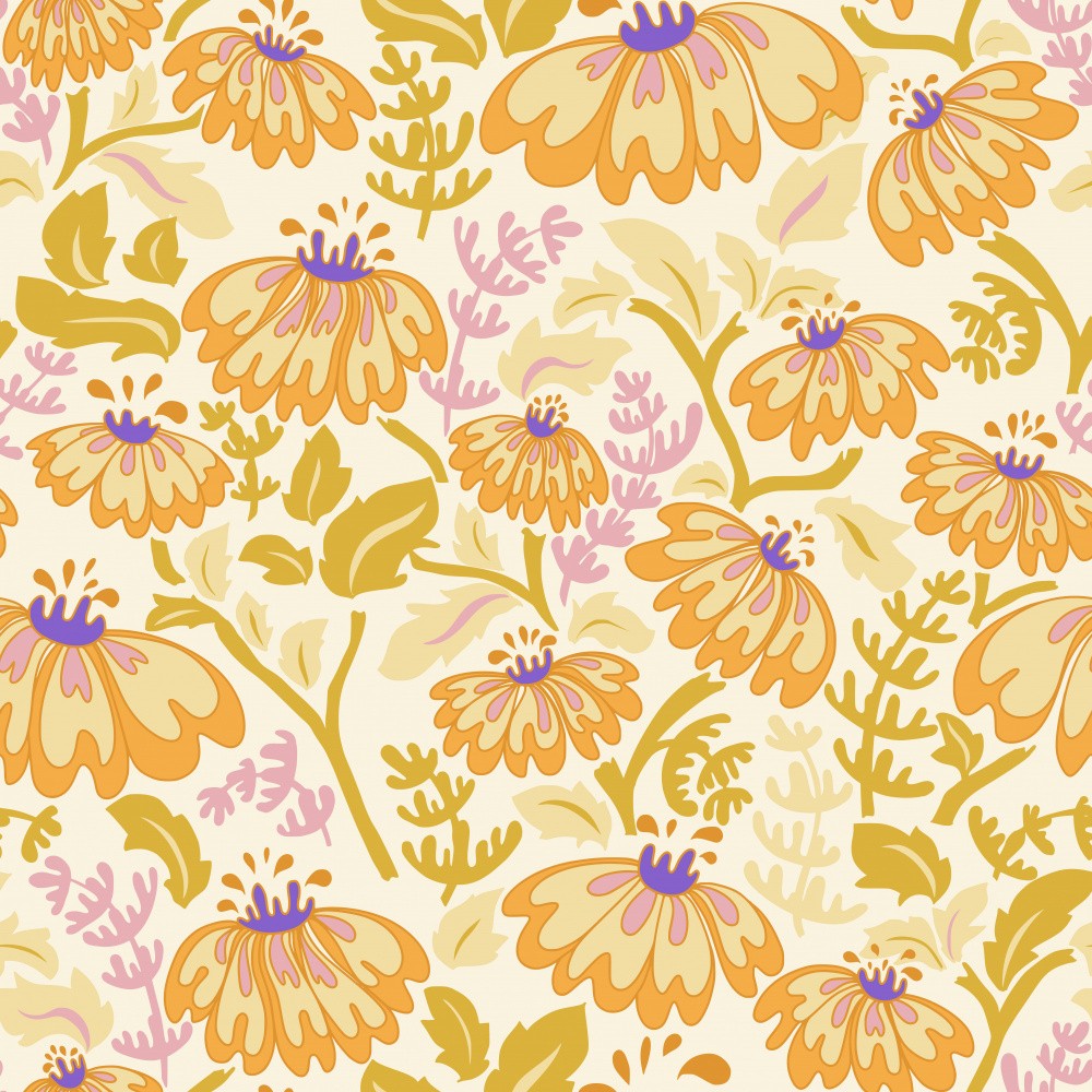 Maximalism 70s Retro Flowers Buttercup yellow and lilac pattern