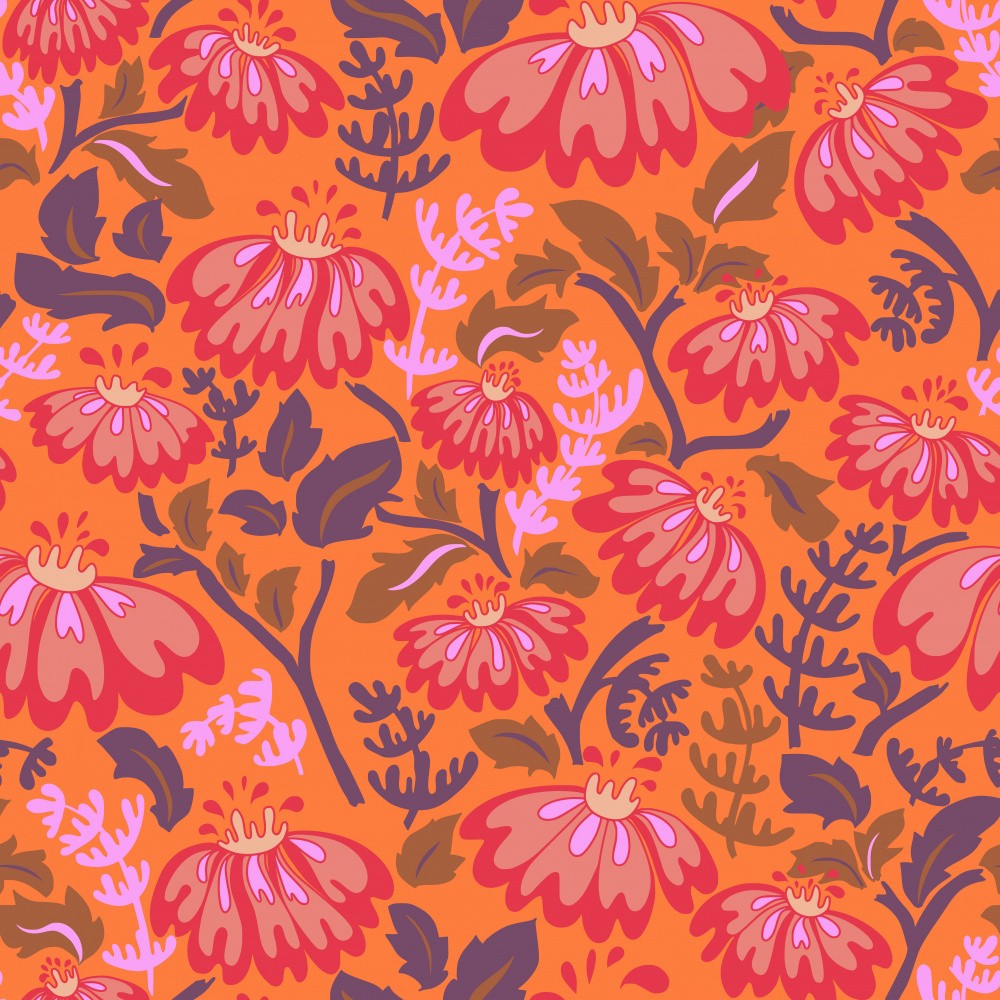 Maximalismus 70er Retro-Blumen Energy Orange Muster
