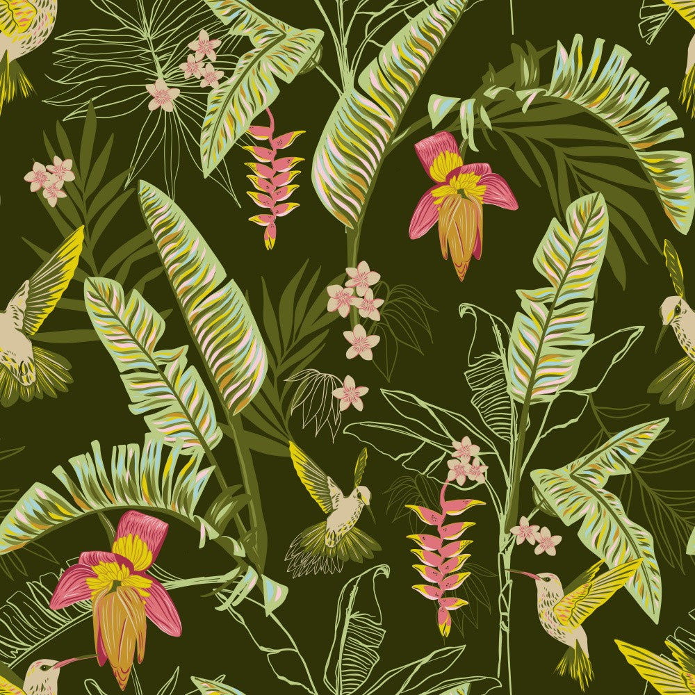 Banana Leaves and Hummingbirds Jungle Green