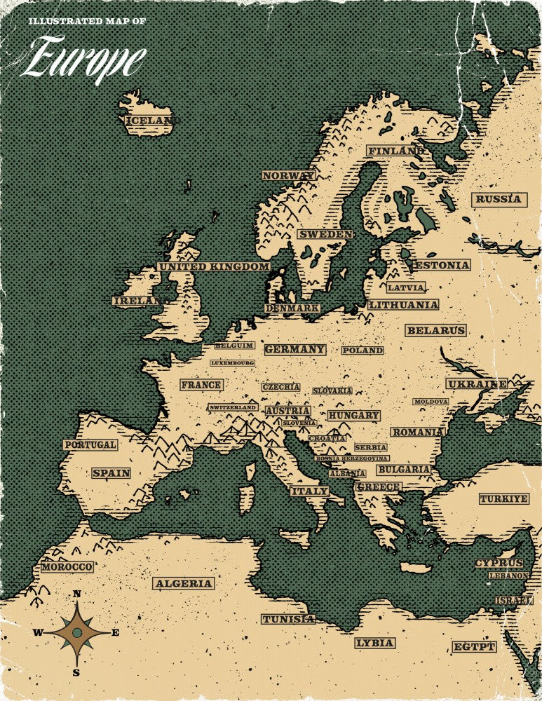 Vintage Emerald Green Illustrated Map Of Europe