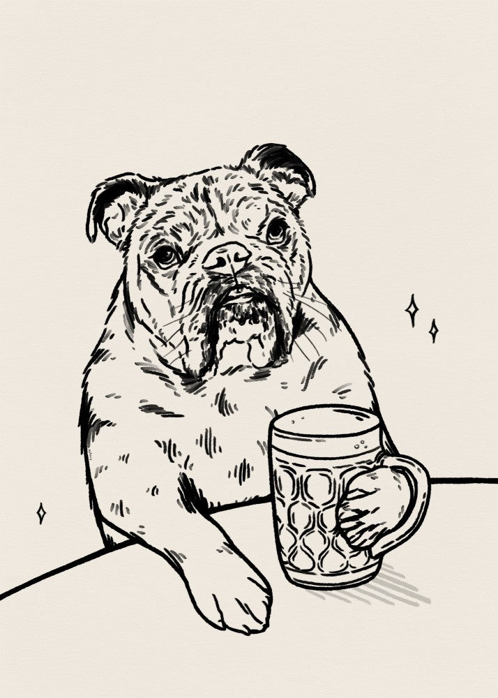 Bulldogge trinkt Bier