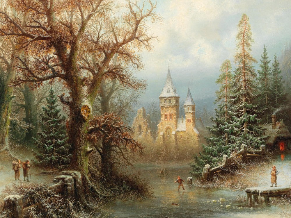Albert Bredow - Romantic Winter Landscape With Ice Skaters By a Castle