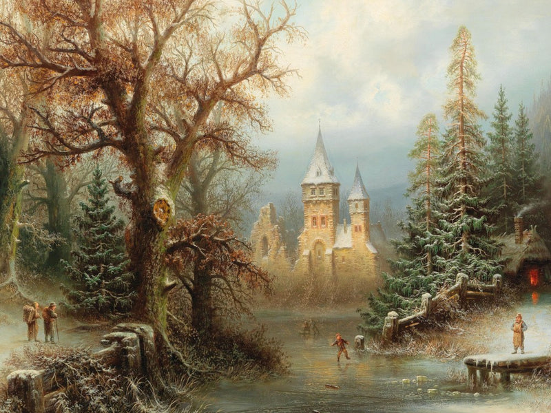 Albert Bredow - Romantic Winter Landscape With Ice Skaters By a Castle
