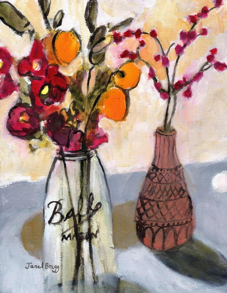 Stillleben mit Einmachglas und Blumen