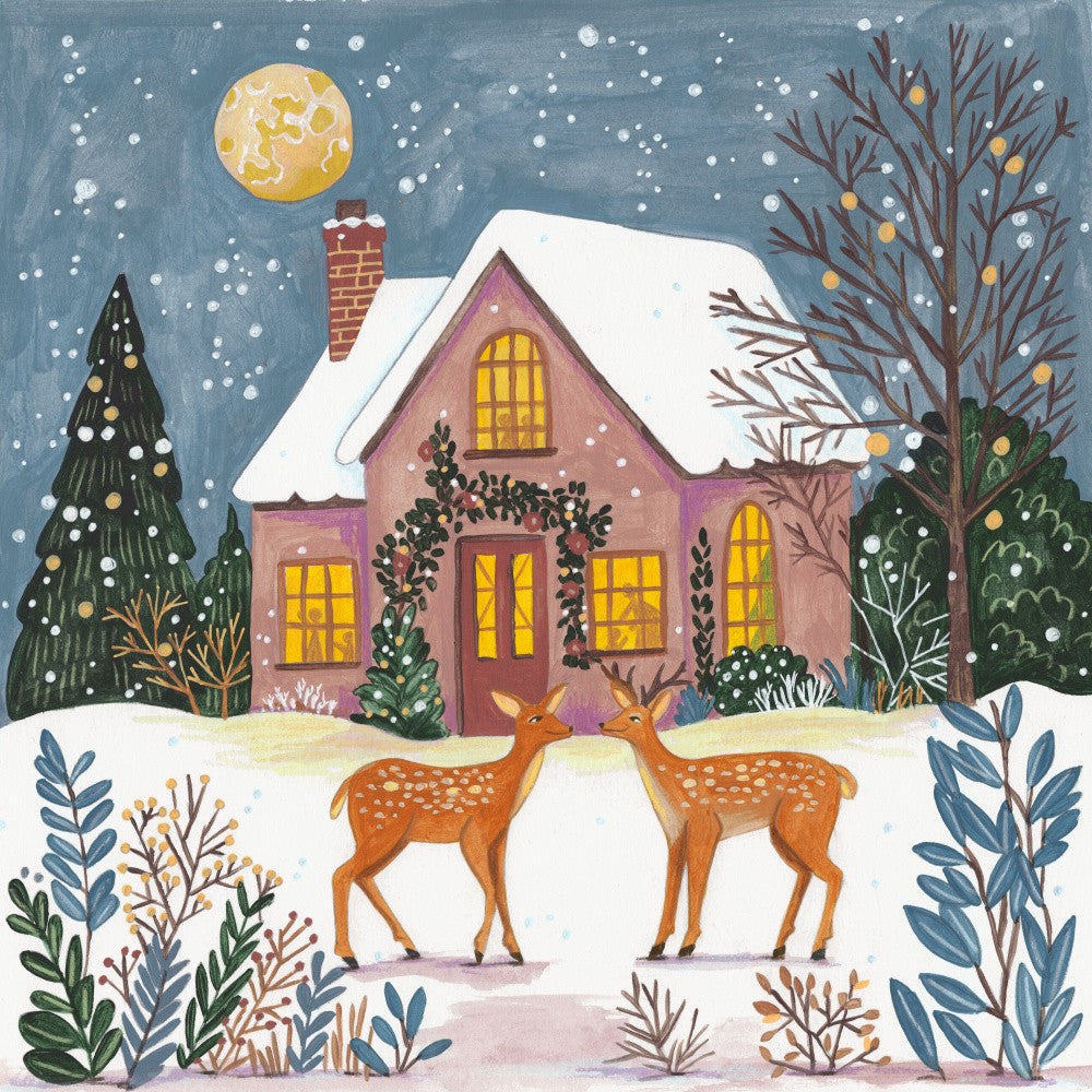 Cottage with deer in the snowy garden Christmas