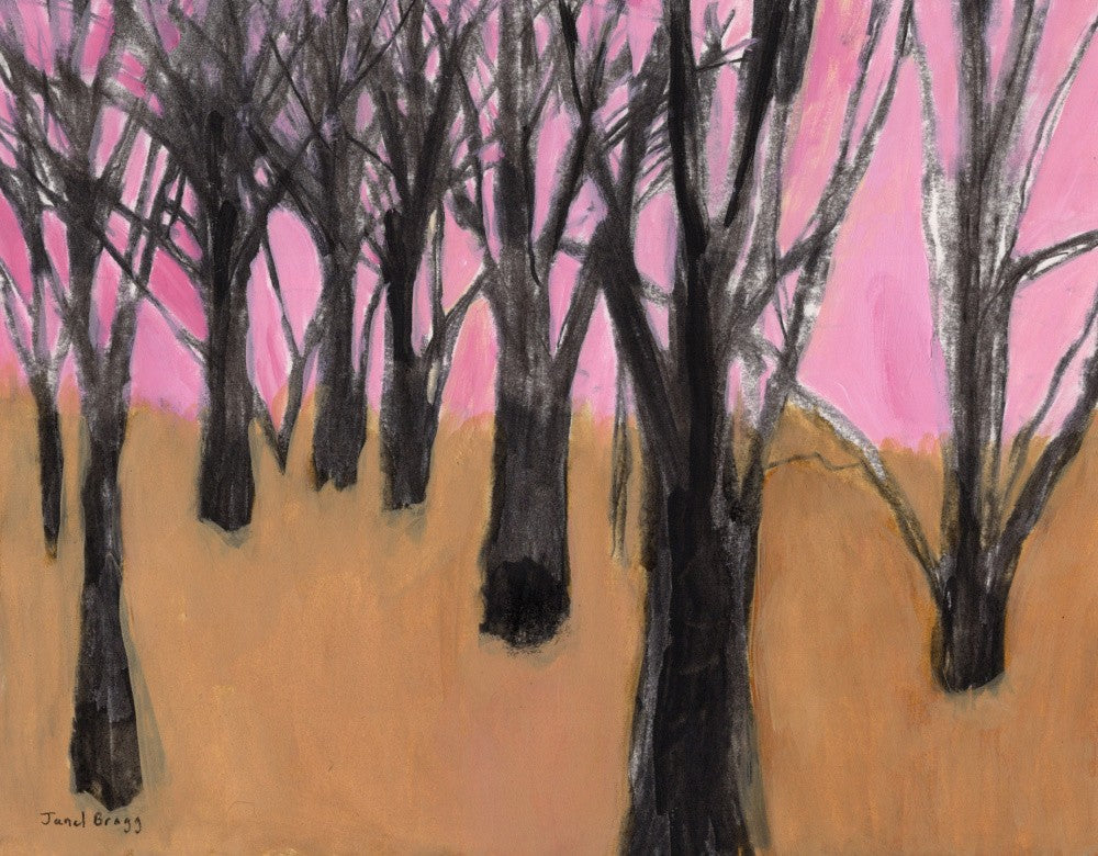 Wald mit grauen Bäumen und rosa Himmel