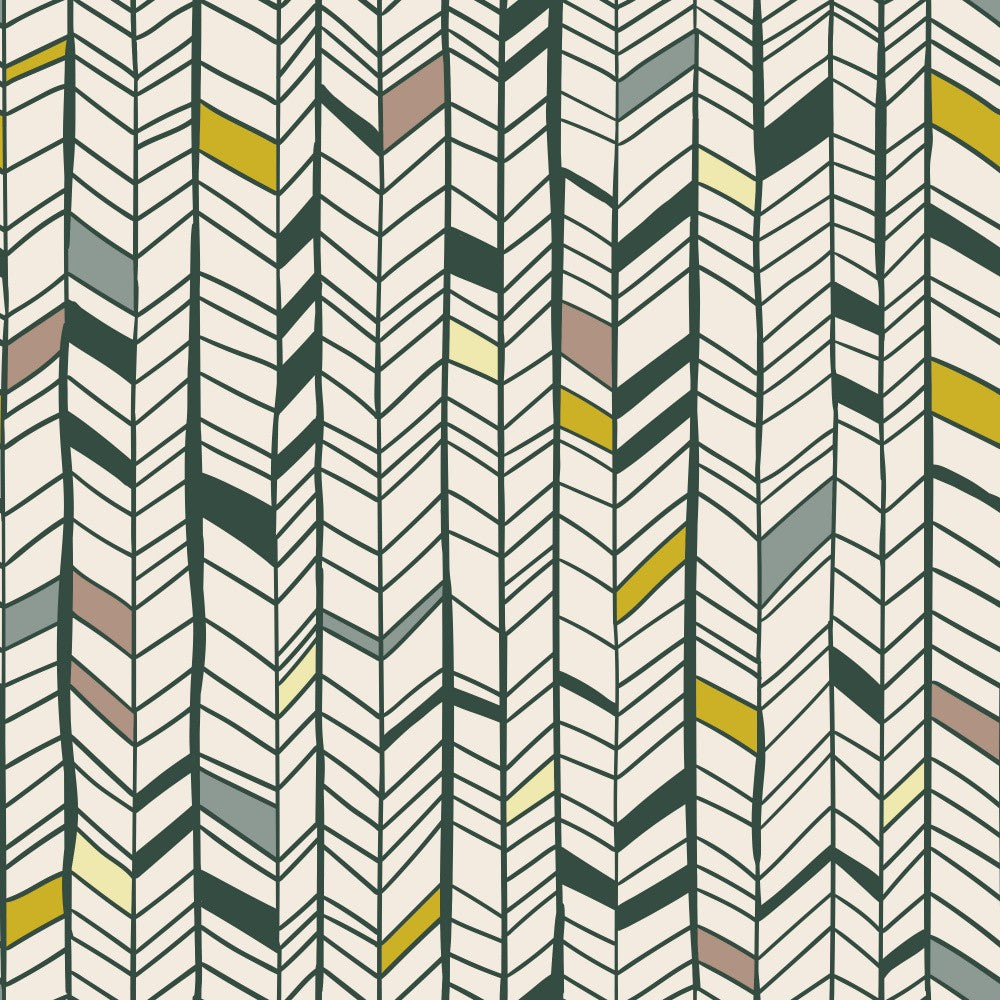 Hand Drawn Herringbone Green Mustard