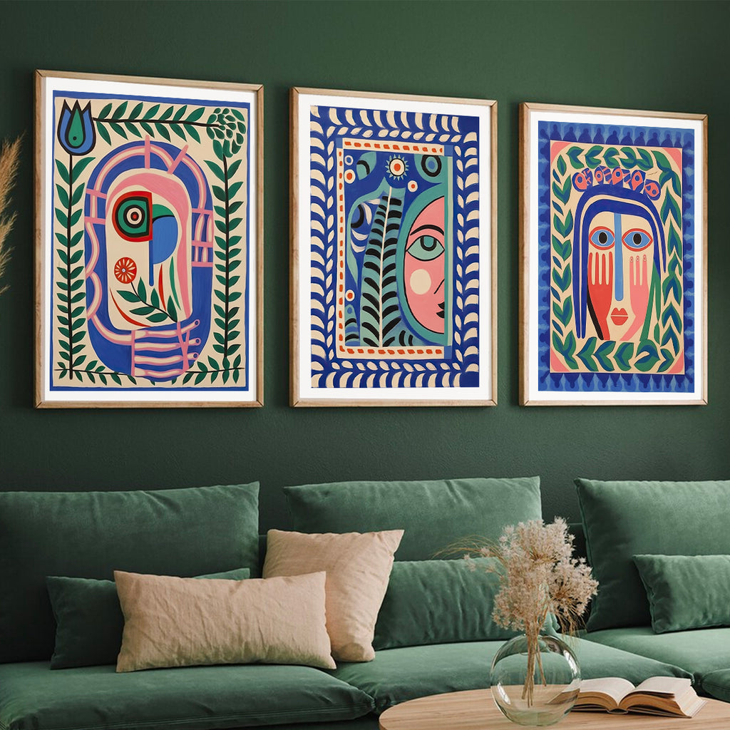 Set of 3 Folk Art Abstract Face