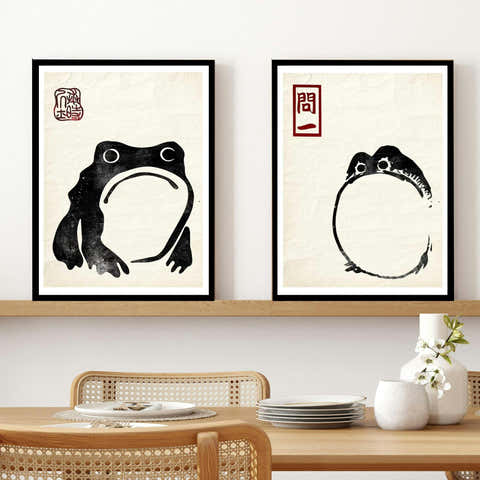 Set of 2 Frog Matsumoto Hoji Inspired Frog On Vintage Paper Japanese