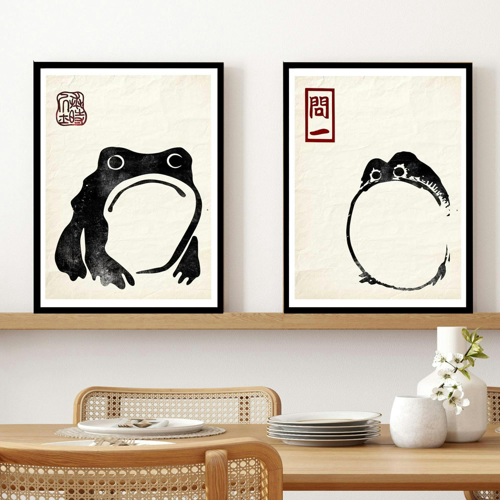 Set of 2 Frog Matsumoto Hoji Inspired Frog On Vintage Paper Japanese