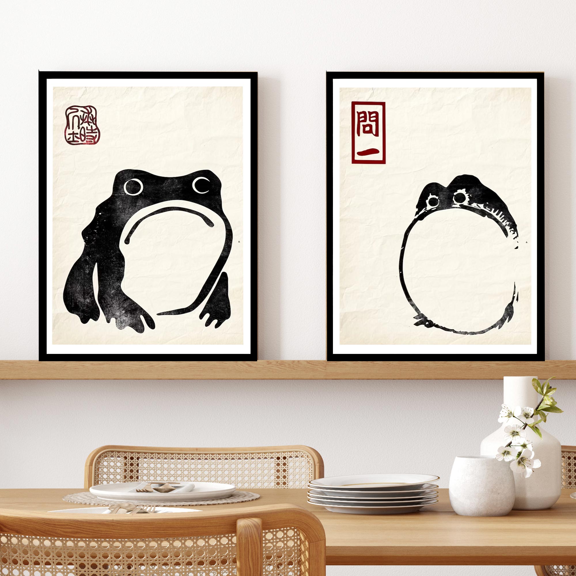 Set of 2 Frog Matsumoto Hoji Inspired Frog On Vintage Paper Japanese