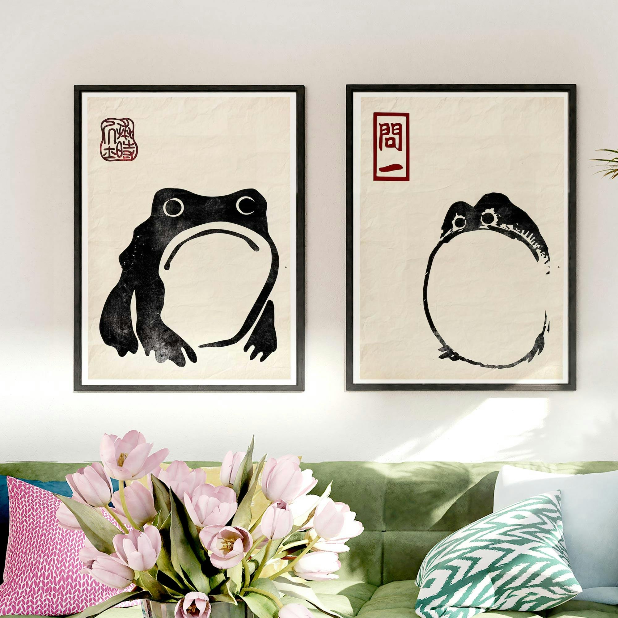 Set of 2 Frog Matsumoto Hoji Inspired Frog On Vintage Paper Japanese