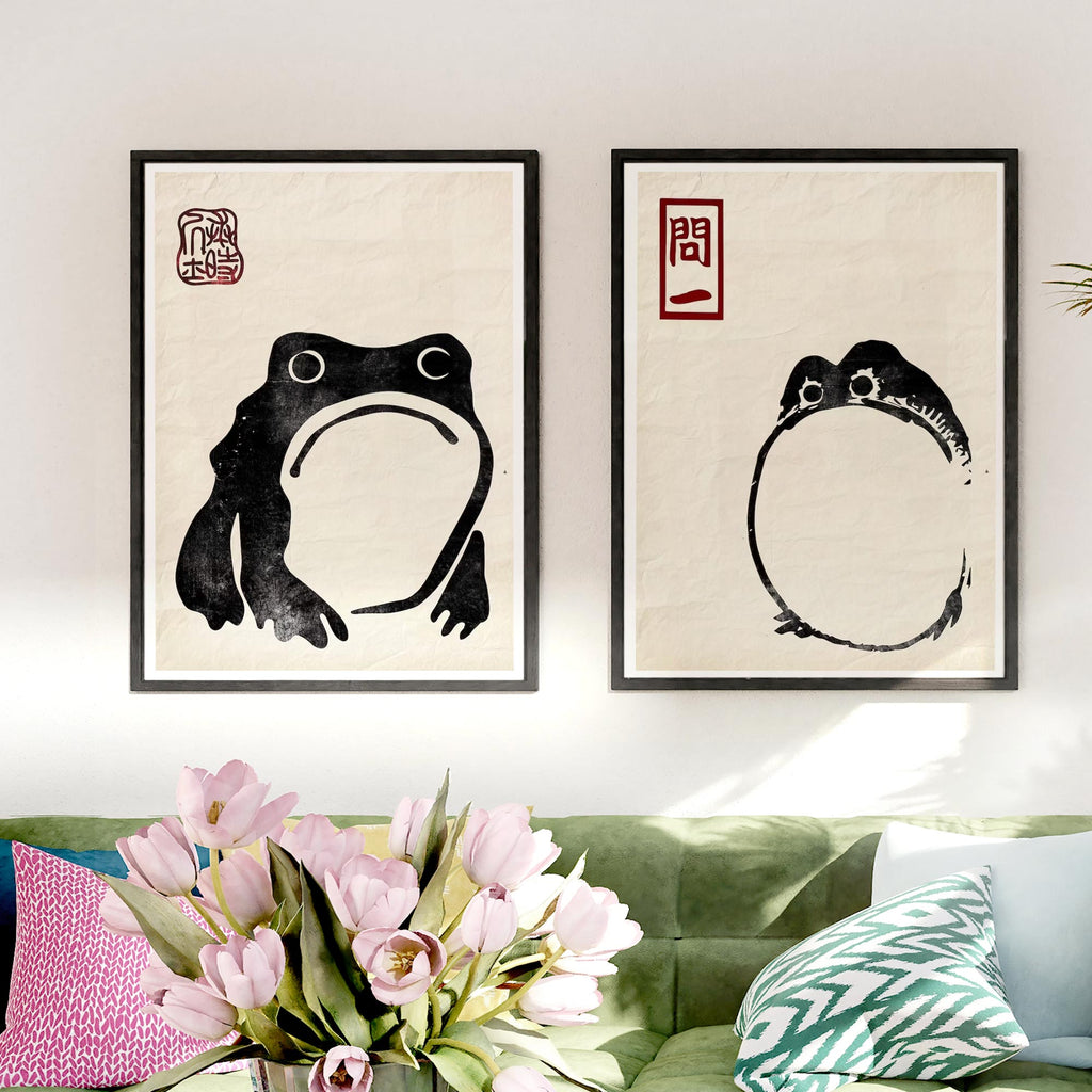 Set of 2 Frog Matsumoto Hoji Inspired Frog On Vintage Paper Japanese
