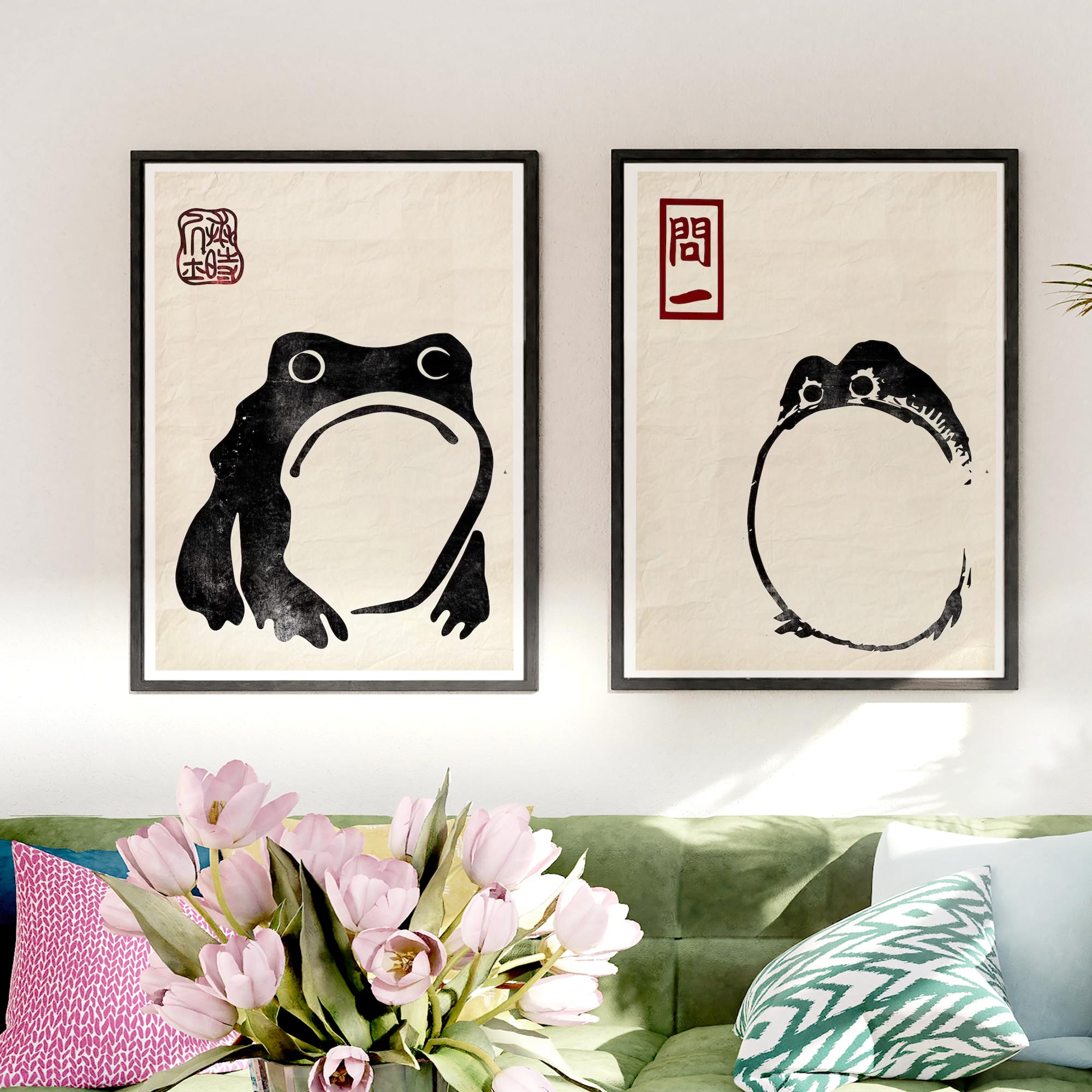 Set of 2 Frog Matsumoto Hoji Inspired Frog On Vintage Paper Japanese