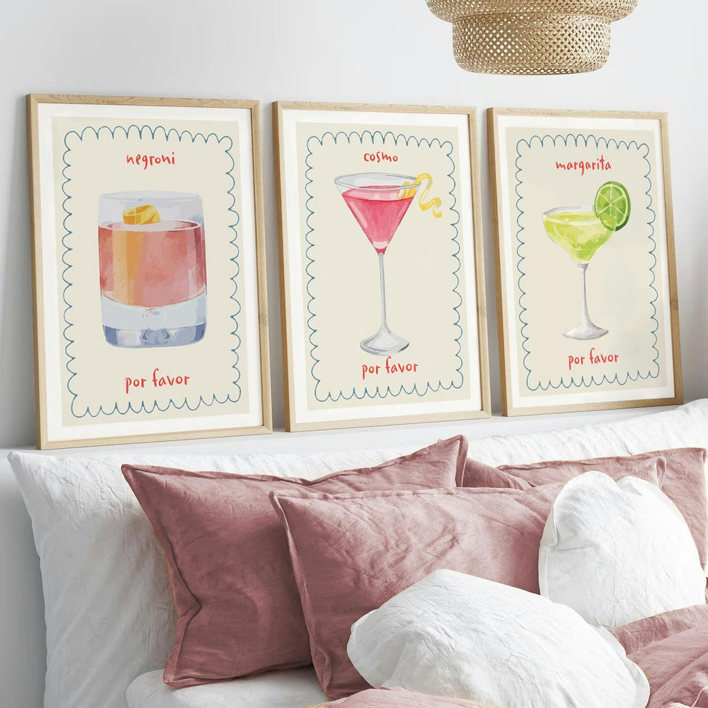 Set of 3 Cocktails Illustrations Margarita Cosmo Negroni