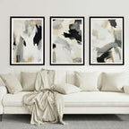 Set of 3 Abstract Brush Strokes Painting Black White Neutrals